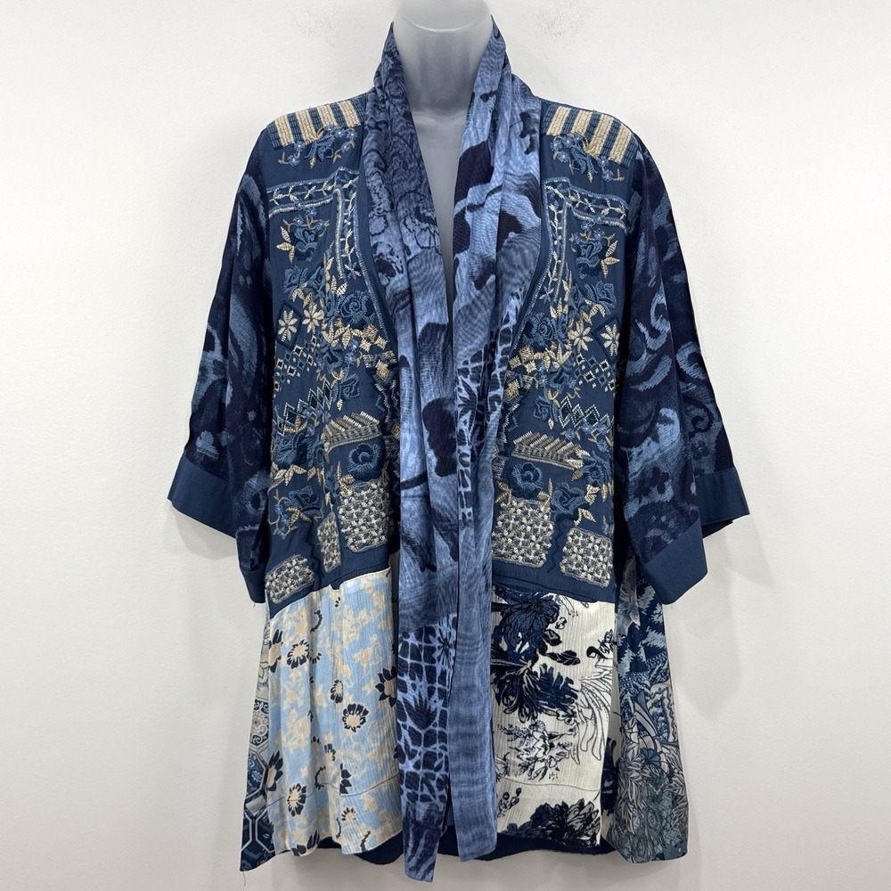John Mark Patchwork Kimono M Mixed Media Embroidered Boho Hippie Artsy Tie Front